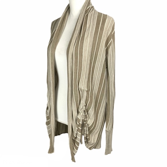 Cardigan Tan White Striped Large Cotton Sweater - Picture 3 of 5